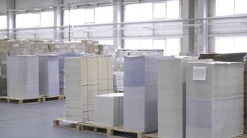 Large Stacks of Paper Stand on Pallets in Factory Warehouse