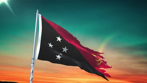 Papua New Guinea National Flag Waving Against Radiant Sunset Sky