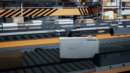 Packaging Box On The Conveyor Belt 3D Rendering. Loop Transmitting Cardboard Box