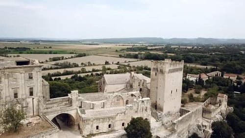 Aerial views of the fortified castle Montmajour Abbey in the Provence, France, Europe.