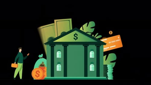 People With Money Walking To Bank Building Alpha Channel 4K