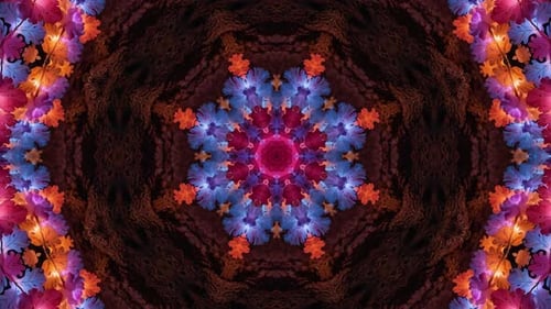 Buntes Mandala mit leuchtendem Blumenmuster. Abstrakte Bewegung im VJ-Loop-Mandala-Muster,
leuchtendes Kaleidosco