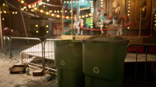 Empty Amusement Park at Night with Illuminated Carousel and Recycling Bins