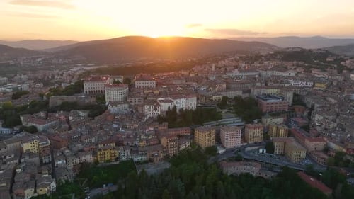 Aerial View of Perugia City Skyline at Sunset Golden Hour Umbria Italy