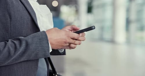 Business person, phone and hands typing at office in communication, social media or networking