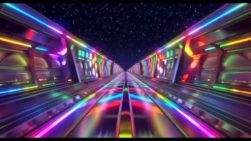 Pont au néon futuriste traversant un tunnel spatial avec une pluie vibrante