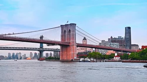 The Manhattan and Brooklyn Bridge over the East River. Low angle view.