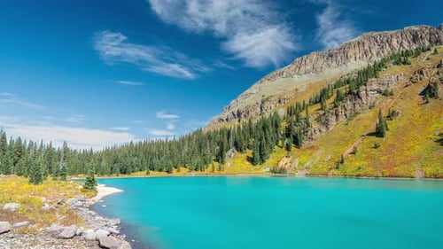 Timelapse, Picturesque Scenery, Turquoise Alpine Lake Under Green Hills and Blue Sky on Sunny Day