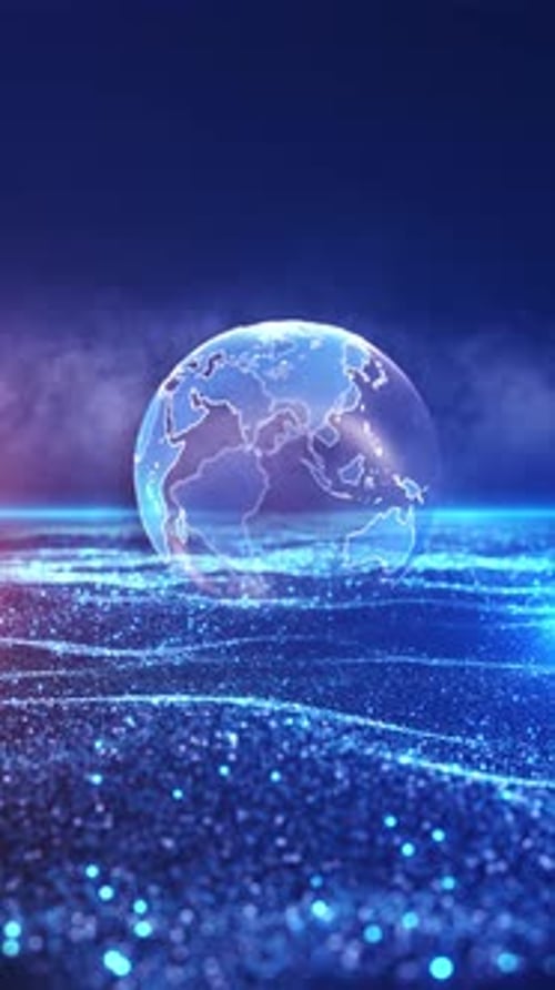 Futuristic Digital Globe with Glowing Blue Particle Waves Background