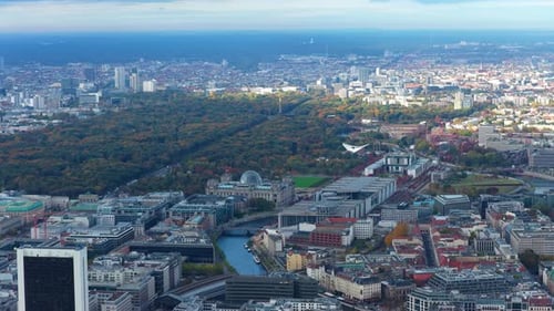Aerial Perspective of Berlin Germany Iconic Reichstag Building and Government Buildings Spree River
