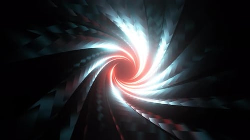 Abstrakte 3D-Animation mit futuristisch schimmerndem Spiraltunnel in Rot und Silber.