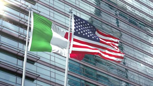 Waving Italian and American Flags on Modern Building Background
