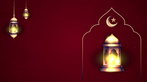 Eid Mubarak Animation Luxury Theme With Lamp, Crescent, Lantern And Particle Red Background