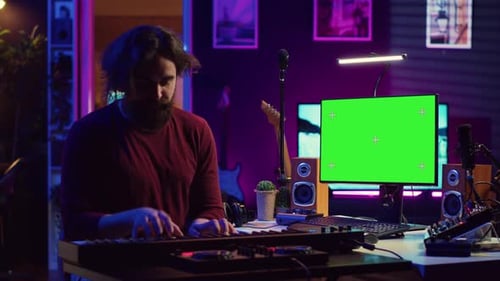 Artist Learning to Play at Electronic Piano Keyboard in Home Studio