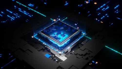 Animated CPU Microchip with Blue Digital Data Flow and Circuit Board