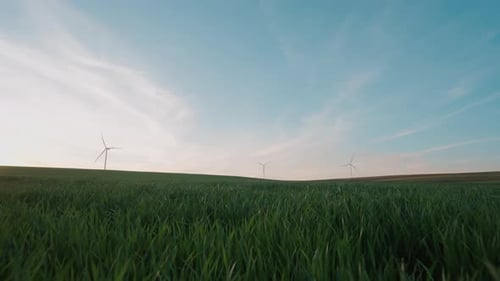 Wind turbines spin gracefully over a lush green field under a serene sky