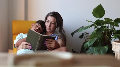 Woman Reads Book with Child in Sunny Room