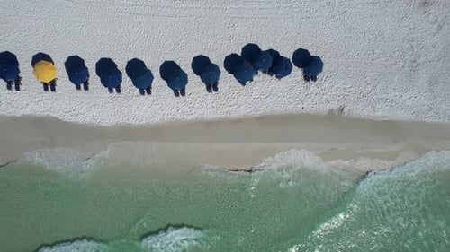 Blue umbrellas on Destin Beach gulf coast panhandle Florida white sandy beach clear emerald waters f