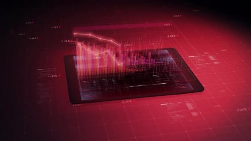 Conceito de queda do mercado de ações exibido em um tablet com gráficos de barras e setas