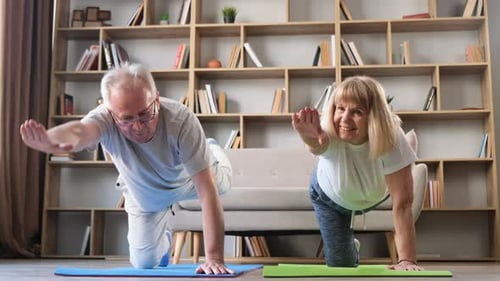 Mature Couple Balancing and Exercising in Home