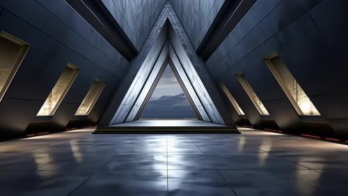 Futuristic, triangular architecture interior with panoramic view