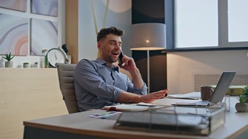 Happy Man Talking Cellphone Sitting Office Evening Closeup Businessman Laughing