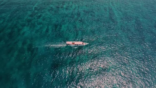 Aerial View on Ocean Boat Floating on Blue Water at Summer Landscape of Blue Sea