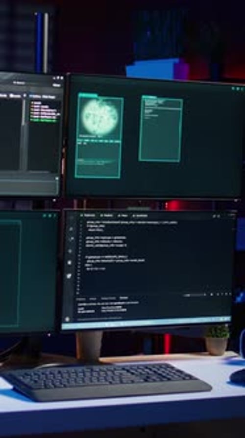 Vertical Video Script Running on Computer in Secret Base of Operations Used By Hacker