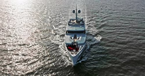 Aerial View Tracking of Beautiful Modern White Super Yacht Lifestyle Luxury Boat Sailboat