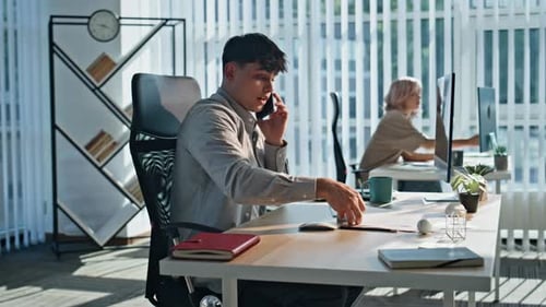 Friendly Businessman Speaking Mobile Phone in Office Closeup Man Call Partner