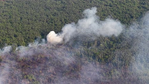Smoke billows over a forested hillside