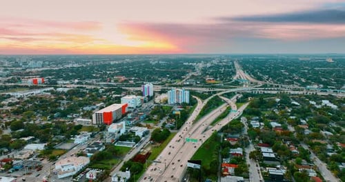 Vast green city scenery with low-rise architecture. Panorama of Miami, Florida, USA