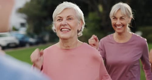 Fitness, pilates and senior people in garden for wellness, active lifestyle and mobility outdoors