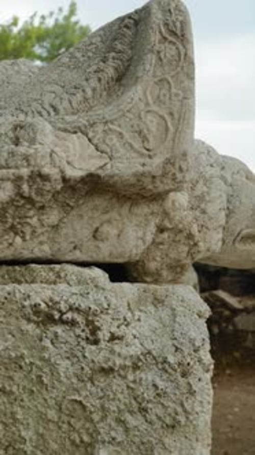 Vidéo verticale. Structure ancienne ressemblant à une tombe à tête de lion, ruines de la ville de Phaselis
.