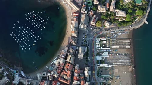 Straight down 4K aerial view of Sestri Levante town in Italy, Sunny summer morning