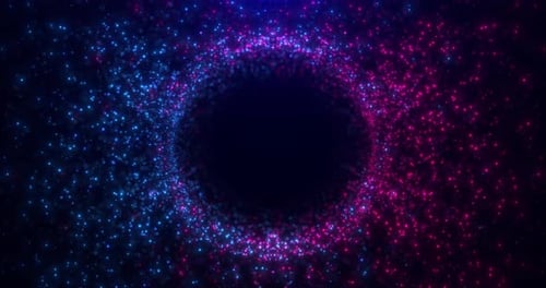 Abstract round sphere of shiny pink and blue particles of magical glow on a dark background, energy