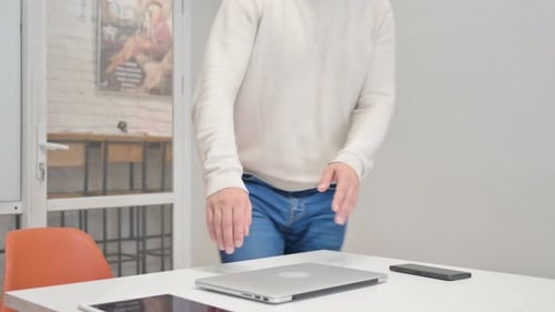 Middle Aged Man Coming Office in Morning