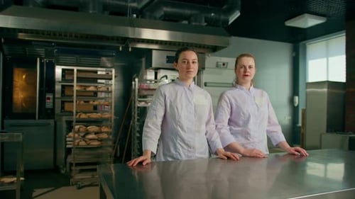 a team of smiling professional bakers in a professional kitchen in a bakery before the start baking