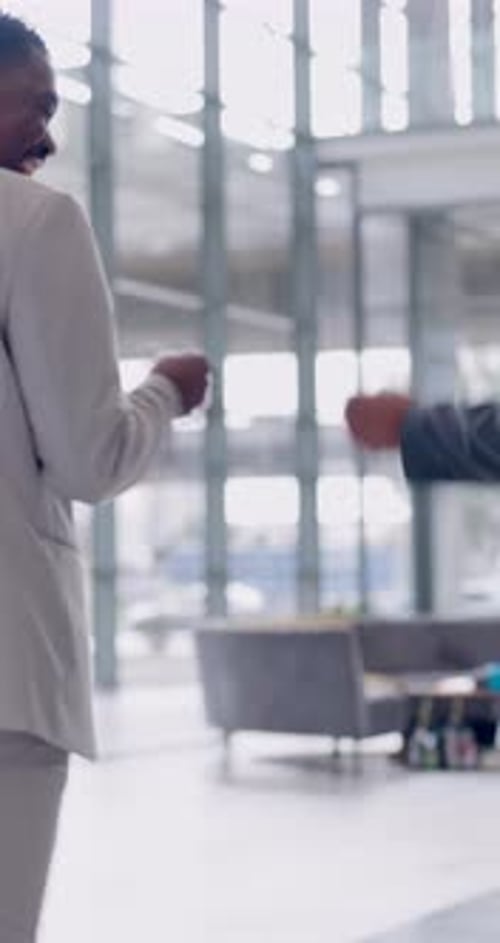 Business people, men and fist bump greeting in office for goodbye, productivity