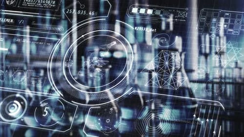 Laboratorio futurista que muestra el análisis de datos científicos mediante realidad aumentada