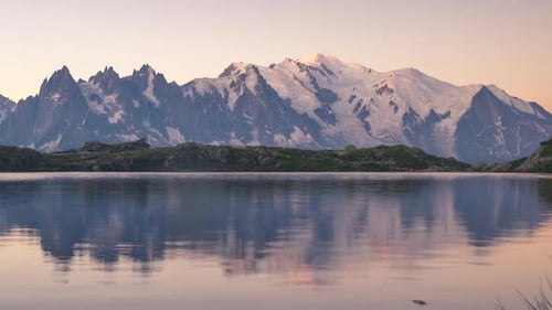 Sunset seen from lake des Cheserys, Chamonix. Mont blanc catching light at sunset with perfect refle