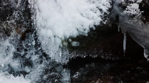 River Stream at Winter Snow Forest in the Mountains