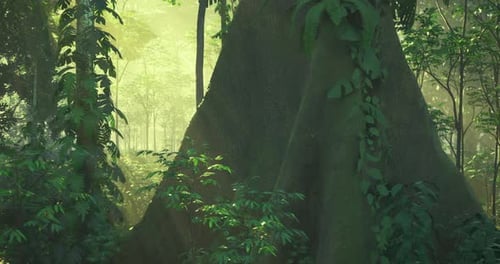 Lush Green Forest with Large Tree Trunk Basking in Soft Sunlight