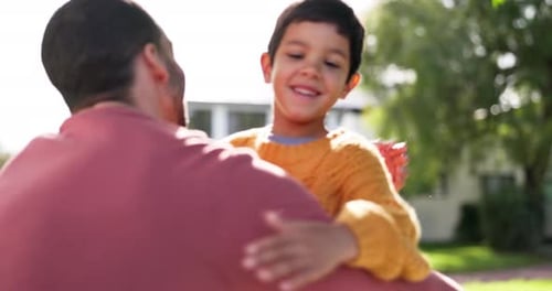 Father, son and hug, bonding outdoor and happy with quality time together, love and care in garden