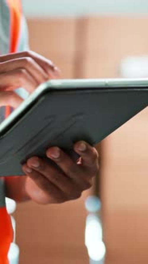 Hands, tablet and warehouse worker check stock, inventory count and storage update on system