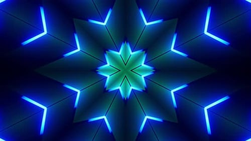 Blue and green star pattern with black background. Kaleidoscope VJ loop