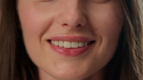 Close Up Half Face Lips Mouth Caucasian Woman Smiling Toothy Dental Smile Positive Female Girl