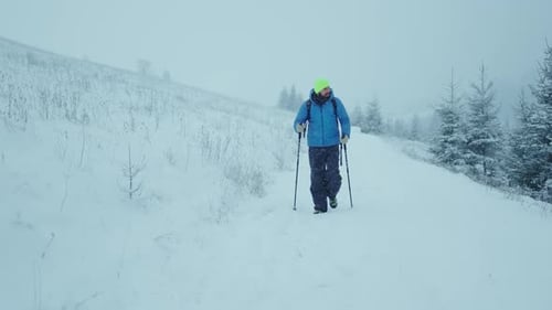 In Winter Road Young Man with Backpack Walk Alone in Mountains in Forest with Trekking Poles Sport