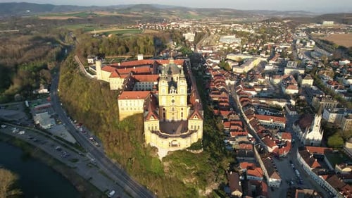 AERIAL VIEW. Melk Abbey overlooking the Danube River. Melk, Lower Austria, Austria
