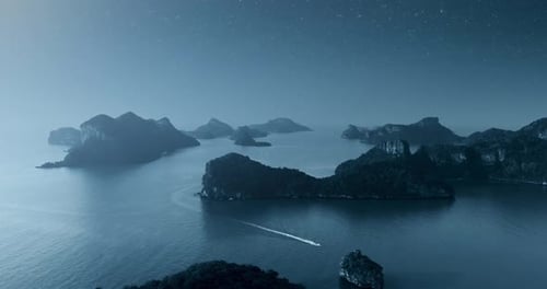 Lonely Speed Boat in Night Sea Aerial Moonlight Island Mountain Silhouette on Light Blue Background